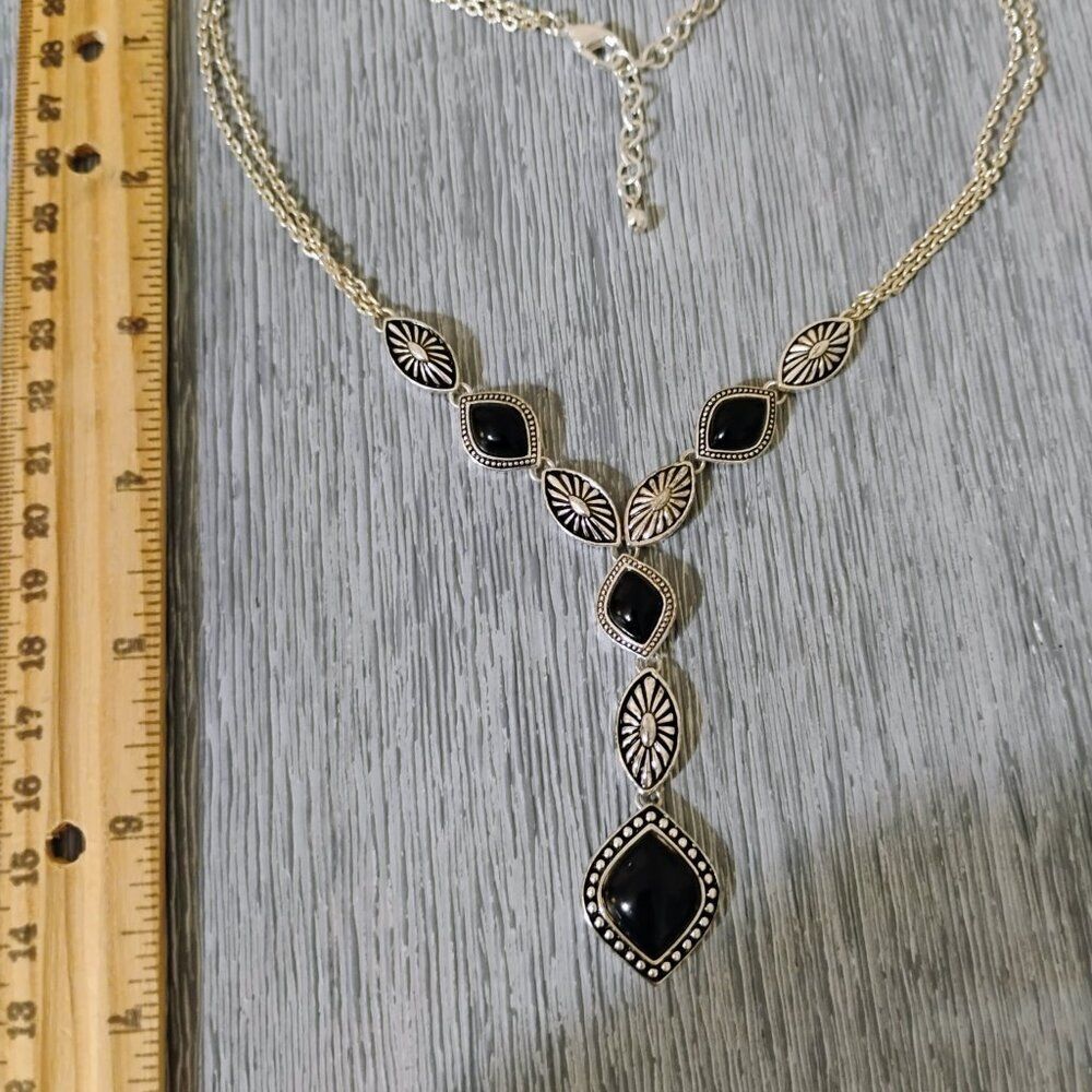 Y Necklace Vintage Estate Bright Silver plate Jewelry with black Onyx Necklace - Picture 5 of 5